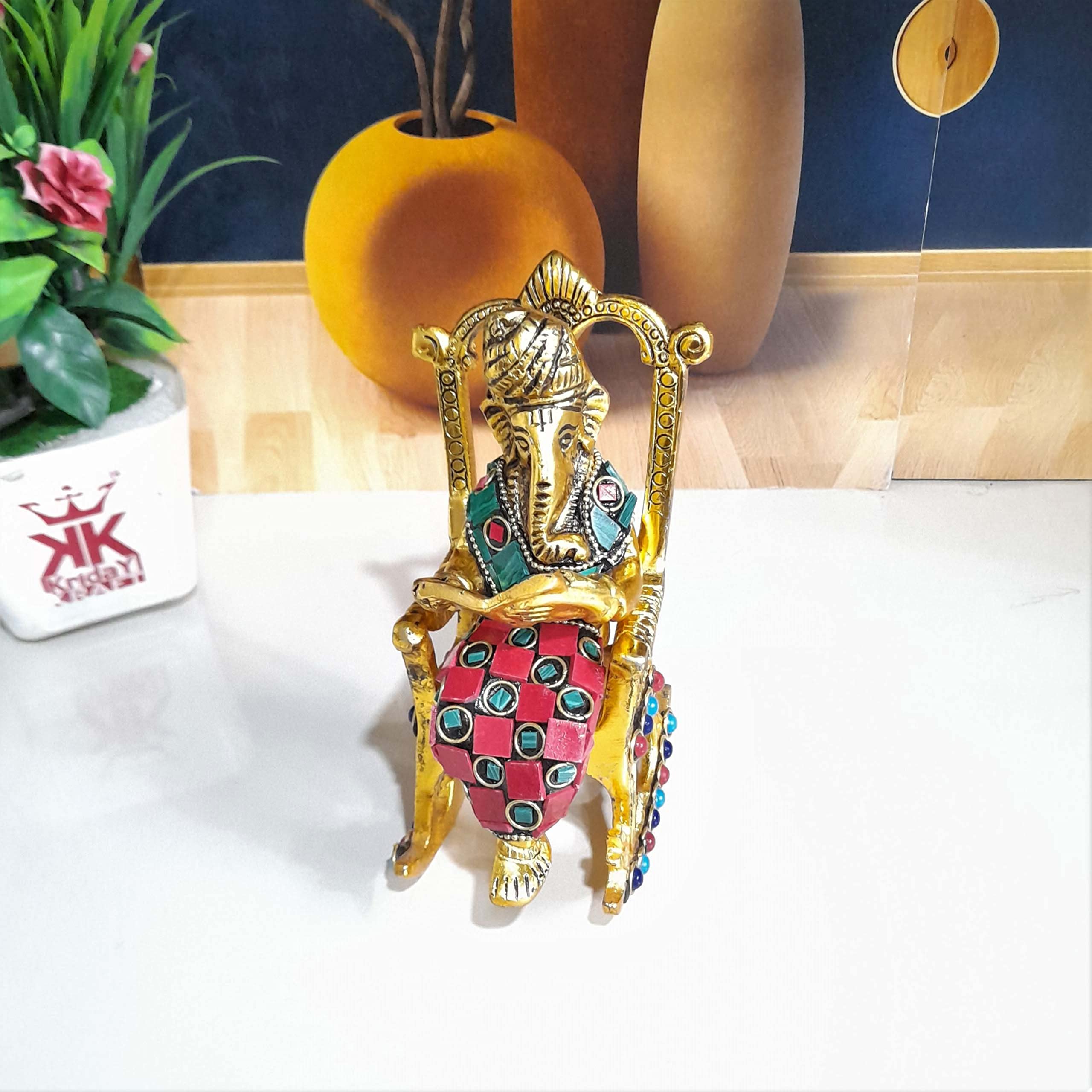 Kridaykraft Chair Ganesha Ji Reading Book With Stone Work,Ganesha Metal Statue,Ganpati Murti Idol For Pooja & Home,Office Dcor G
